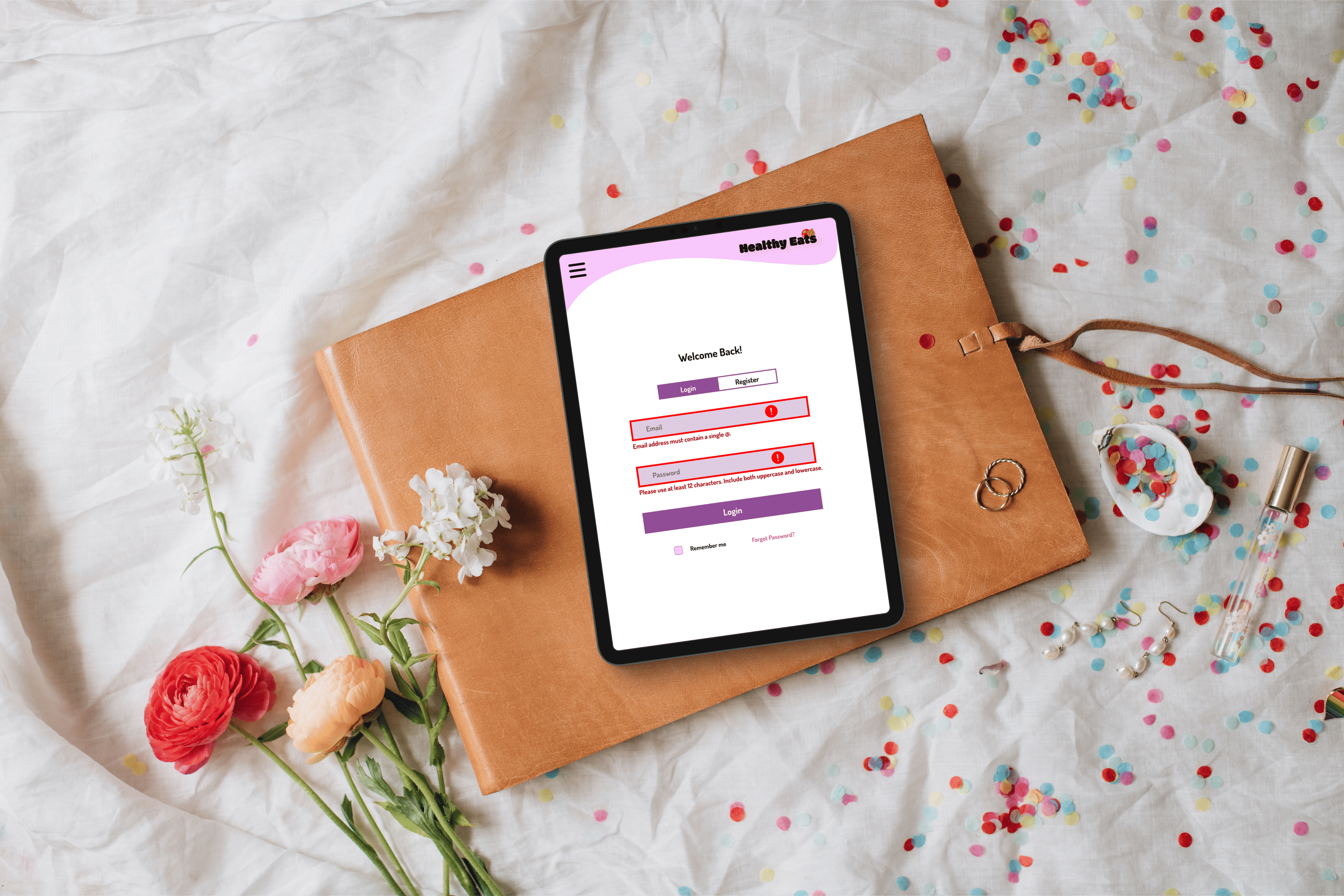 >Healthy Eat 'login error tablet' mockup