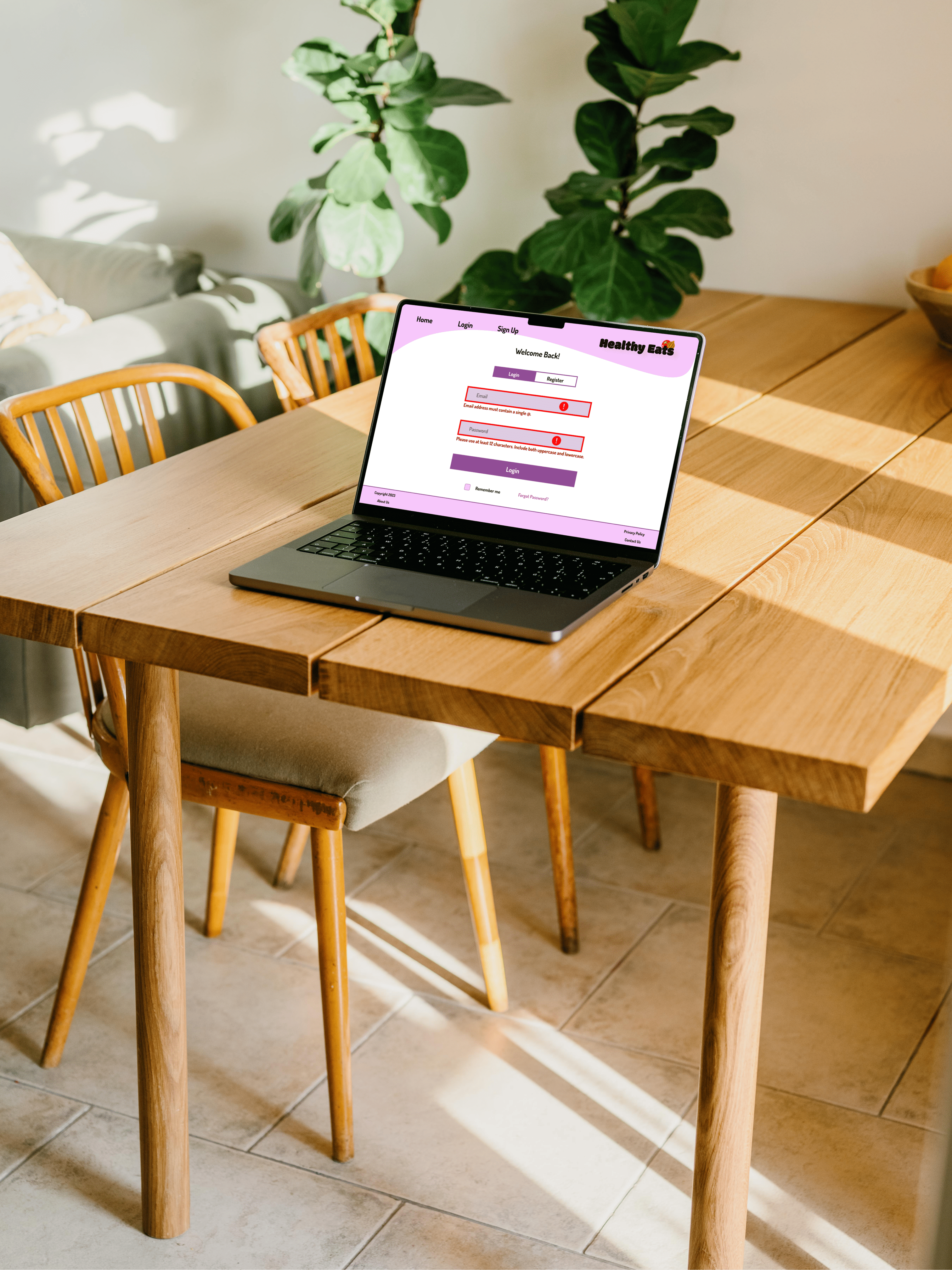 >Healthy Eat 'login error laptop' mockup