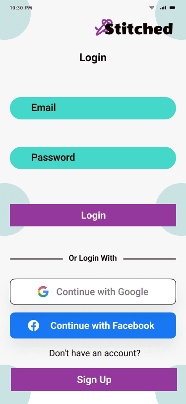 Stitched 'login' hi fidelity wireframe.