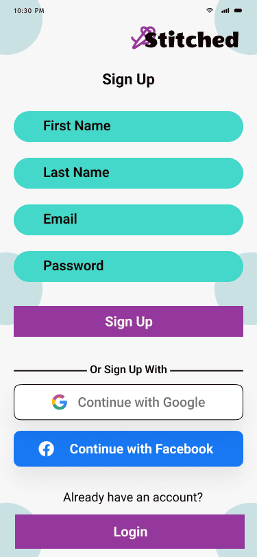 Stitched 'sign up' hi fidelity wireframe.