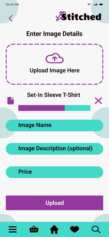 Stitched 'upload items' hi fidelity wireframe.