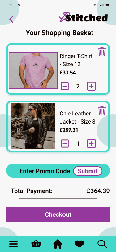 Stitched 'basket' hi fidelity wireframe.