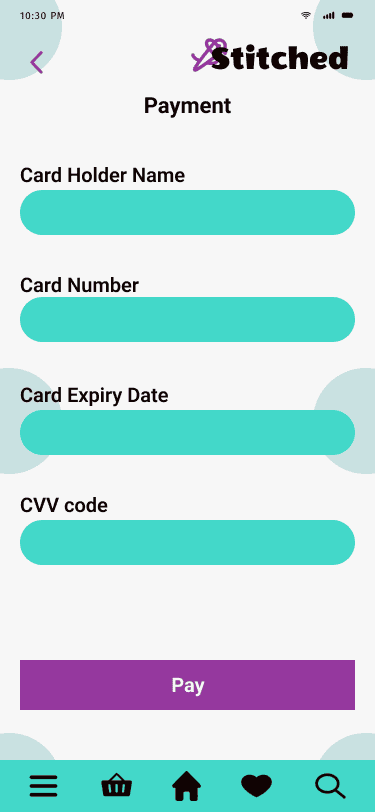 Stitched 'payment' hi fidelity wireframe.