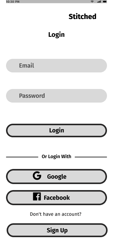 Stitched 'login' mid fidelity wireframe.