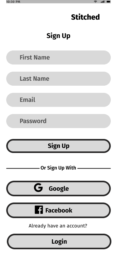 Stitched 'sign up' mid fidelity wireframe.