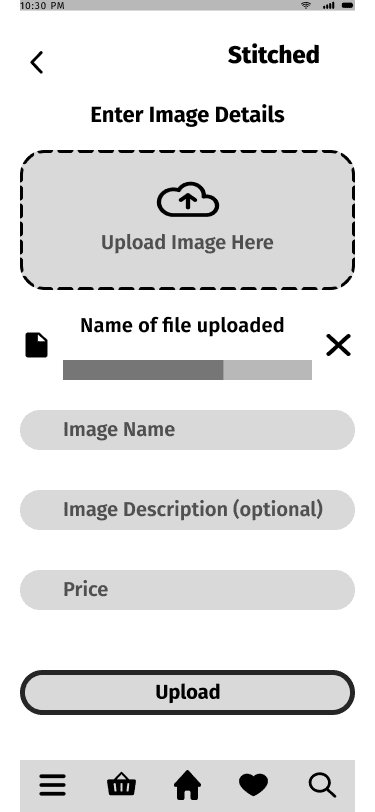 Stitched 'upload items' mid fidelity wireframe.