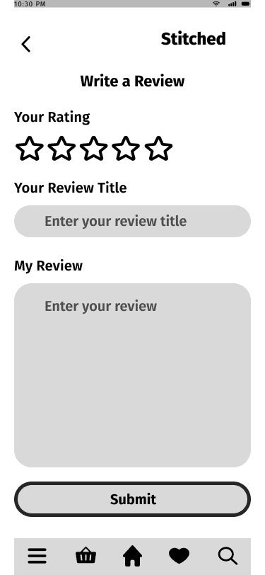 Stitched 'write a review' mid fidelity wireframe.